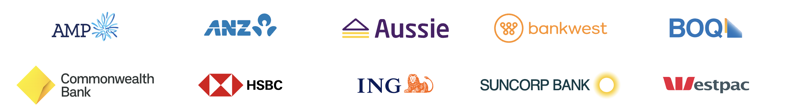 AMP, ANZ, Aussie, Bankwest, BOQ, Commonwealth Bank, HSBC, ING, Suncorp Bank and Westpac lender logos